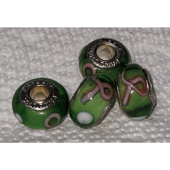NEW SET OF 4 PANDORA MURANO BEAD - TRANSPARENT GREEN W/WHITE DOTS & PINK BREAST - Picture 2 of 3